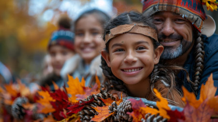 Thanksgiving and Harvest Festival. scene of a family participating in a Thanksgiving parade, their smiles and laughter adding to the festive atmosphere of the holidayの素材