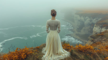 Autumn or fall season. A beautiful young woman like Victorian Lady in a long autumn white dress in cloudy fall day, elegance and style. foggy background of France seacoast, back viewの素材