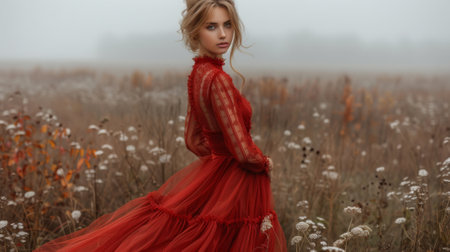 Autumn or fall season. A beautiful young woman poses in a long autumn red dress in cloudy fall day, elegance and style. foggy background of Englandの素材