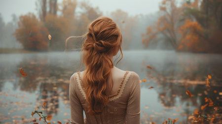 Autumn or fall season. woman in an elegant dress stands by lake, her hair flowing and leaves gently falling around her as she gazes out at nature's beauty. soft color palette of light pink, beigeの素材