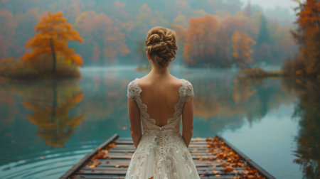Autumn or fall season. A stunning bride in beautiful white dress stands serenely amidst peaceful lake surrounded by lush trees, embodying the essence of fashion and graceの素材
