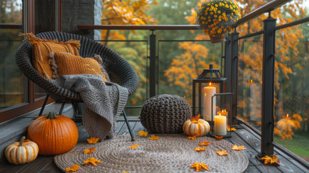 Autumn or fall season. Cozy autumn balcony decor, warm fall city balcony decor with chair and pillows, pumpkins, yellow leaves and candlesの素材