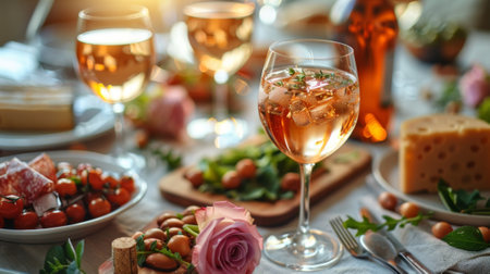 Autumn or fall season. wine glasses at dining table with various snacks, small trousers and cheese board in sunny living room. Glass bottle filled with red pink rose, water and beer on the table.の素材