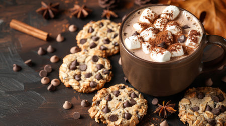 Autumn or fall season. Hot chocolate with marshmallow, cinnamon and chocolate chips oatmeal cookies on a dark background, top view. Delicious warming autumn drinkの素材