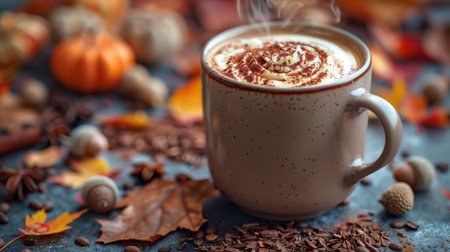Autumn or fall season. The Warmth of Autumnal Hues. A close-up shot of a steaming cup of hot chocolate, surrounded by autumnal objects like acorns, pumpkins, and colorful leaves.の素材