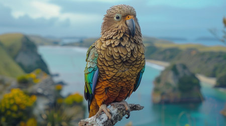 New Zealand Kea sits on a branch against the backdrop of New Zealand landscapes. Realistic photo.の素材