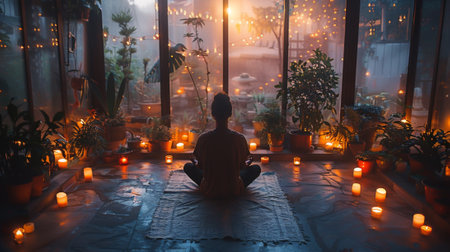 person meditating in their home, surrounded by calming elements such as candles, plants, and soft lighting. mental health and wellness conceptの素材