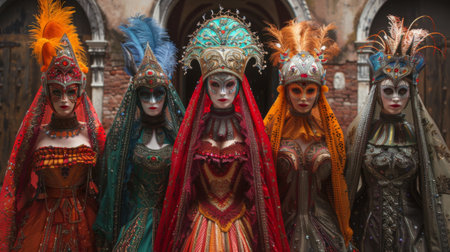 Venetian Carnival in Italy. fashion collection of traditional Venetian costume inspired by the colors, intricate patterns, and cultural symbolism of Venetian Carnival.の素材