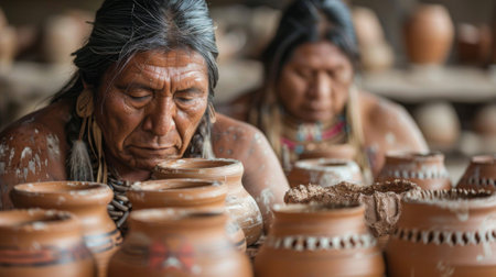 Native American Heritage Month. A Native American pottery workshop, with artisans shaping and firing clay vessels, their creations embodying the enduring spirit of their craftsmanship.の素材