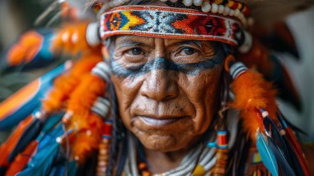 Indigenous Peoples' Day. Indigenous person wearing traditional regalia, their expression filled with pride and self-determination, symbolizing the enduring strength of their cultural identity.の素材