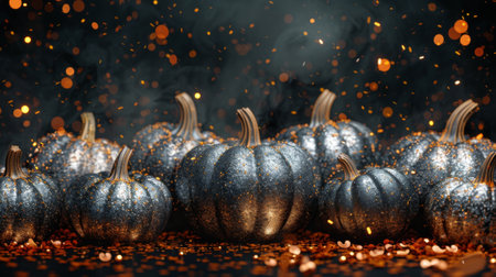 Thanksgiving and Harvest Festival. group of silver metallic pumpkins on black background with gold confetti, in top view. web banner with empty space in bottom right corner, in style of copy space.の素材