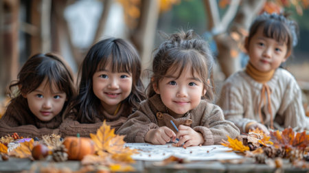 Thanksgiving and Harvest Festival. A scene of children drawing or crafting Thanksgiving-themed creations, their artistic expressions conveying their appreciation for the holiday's meaning.の素材