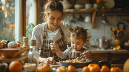 Thanksgiving and Harvest Festival. happy mom and her chilsren in cozy kitchen prepares a traditional dinnerの素材