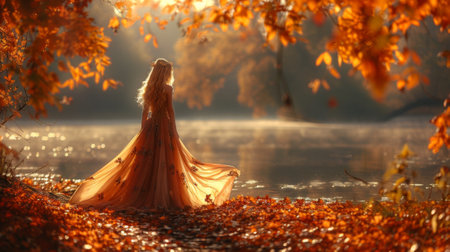 Autumn or fall season. woman elegant dress with long hair stands by lake, surrounded by autumn leaves. soft light creates a dreamy atmosphere as she turns around to show her back and flowing skirtの素材