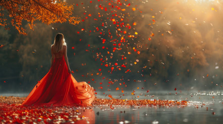Autumn or fall season. Dreamlike autumn scene with woman in red dress and falling leaves. Romantic woman in long red dress at a pond in fall.の素材