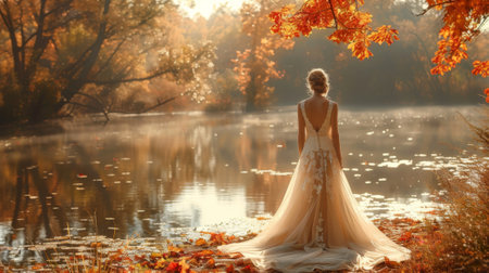 Autumn or fall season. A stunning bride in a beautiful white dress stands serenely amidst a peaceful lake surrounded by lush trees, embodying the essence of fashion and grace, d494d0a8-099e-40f6-9cb4-0bde7423f5e0の素材
