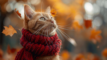 Autumn or fall season. Cute pet ginger cat in beautiful autumn leaves. romantic autumn mood. cat accessories, red bandana, scarfの素材