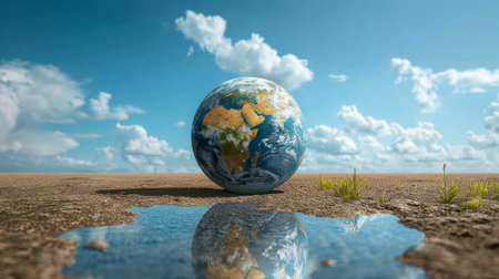 Earth reflected in a water, with one side showing the planet's natural beauty and the other reflecting the consequences of human actions, emphasizing the need for self-reflection and change.の素材