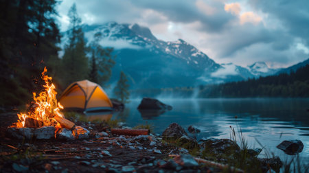 burning fire next to camp tent, near lake or river in mountain valley goes into the distance.の素材