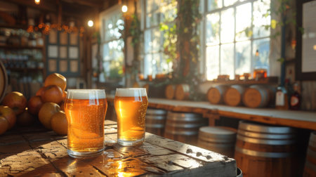 Cider. The golden hues of cider reflect the sunlight streaming through windows, casting a cheerful glow on the wooden barrels and rustic decorの素材
