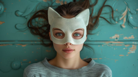 quadrobics. ,Photo of an attractive woman with dark hair wearing cat mask, lying on the floor, teal background, facing cameraの素材