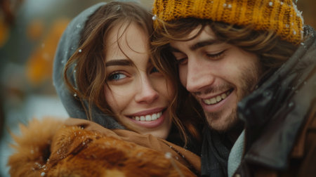 Autumn or fall season. A couple of two young lovers hugging and smiling. Valentine's Dayの素材