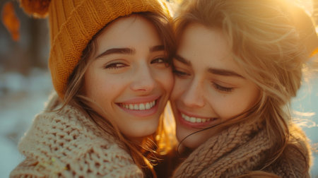 Autumn or fall season. Happy lesbian couple in love, girlfriends hugging, smiling and kissing in nature at sunset, autumn season. Romantic scene between two lovers together, female gay tenderness.の素材