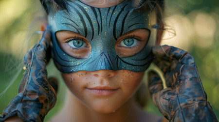 quadrobics. A girl wearing an animal mask and holding hand gloves poses for the camera outdoors in summer, with a park green background.の素材