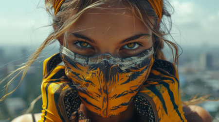 quadrobics. A girl wearing an tiger mask and holding hand gloves poses for the camera outdoors in summer. wide angle, downtown backgroundの素材