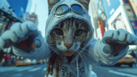 quadrobics. Adolescent female in feline disguise and hand coverings participating in Quadrobics. wide angle, downtown backgroundの素材