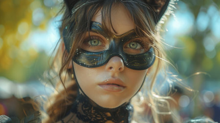 quadrobics. teen girl in a cat mask on the background of a green park in city. People are animals. wide angleの素材