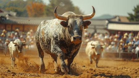 Chuseok Festival. Exciting bullfighting matches and traditional Korean games, such as ssireum Korean wrestling and jegichagi foot shuttlecock add touch of lively competition and cultural entertainmentの素材