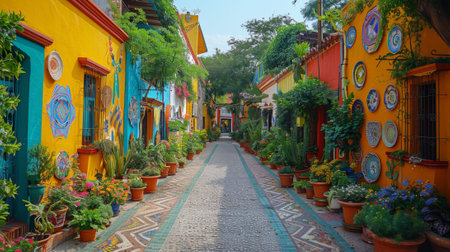 Hispanic Heritage Month. A scene of a Hispanic neighborhood adorned with colorful murals and artwork, showing the vibrant cultural identity and pride of the community.の素材
