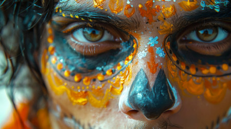 Dia de los Muertos, Mexican holiday. close-up shot of a person's face transformed into a calavera skull with intricate makeup and face painting, their artistry and creativity evident in the design.の素材