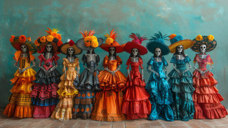 Dia de los Muertos, Mexican holiday. A collection of elegant and stylish catrina and catrin figures, their elaborate costumes and vibrant colors reflecting the festive spirit of Dia de los Muertos.の素材