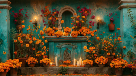 Dia de los Muertos. A meticulously arranged ofrenda altar, adorned with vibrant marigolds, flickering candles, and personal mementos of the deceased, creating a sacred space for honoring loved ones.の素材