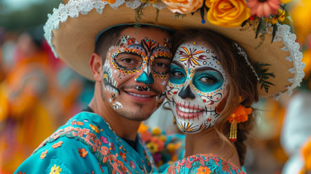 Dia de los Muerto, Mexican holiday. A scene of a catrina and catrin couple posing for a photo, their vibrant costumes and expressive poses capturing the essence of Dia de los Muertoの素材