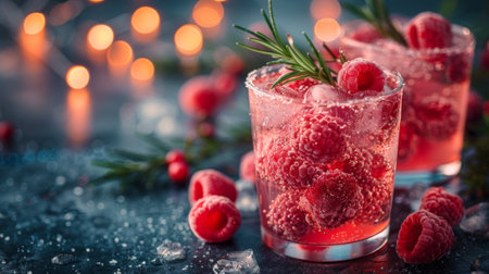 Winter season. Christmas pink drink raspberry with rosemary and ice -の素材