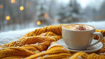 Winter season. Cup of coffee and knitted sweater on the window age with winter scene outsideの素材