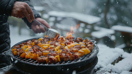 Winter season. Top view Cooking on barbecue grill in winterの素材