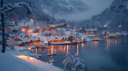 Winter season. A snow-covered winter wonderland with a charming village and illuminated holiday lights, setting the scene for a magical Christmas eveningの素材