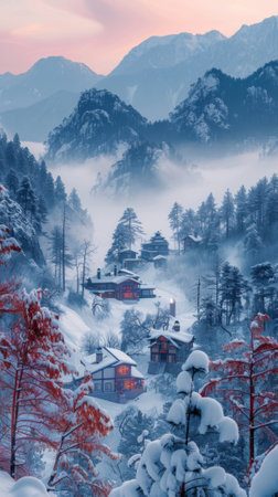 Winter season. Panorama of the foggy winter landscape in the mountains in Aurora light, Christmas holiday postcard collage.の素材