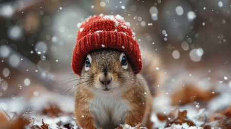 Winter season. Cute fluffy little Squirrel in a red knitted hat standing in snow on a winter dayの素材