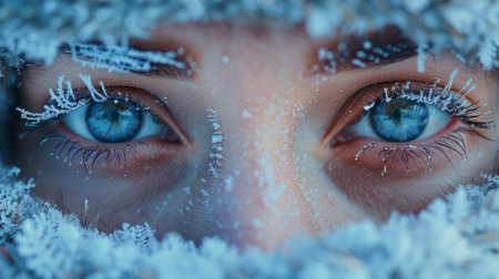 Winter season. The personifying winter phenomena. A close-up shot of the blizzard's eyes, formed from swirling snowflakes, reflecting the power and beauty of the winter stormの素材