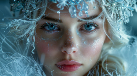 Winter season. The Enchanting Winter Court. A close-up shot of a snow queen, her icy crown and flowing gown radiating an aura of power and elegance.の素材