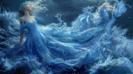 Winter season. The Enchanting Winter Court. A snow queen, her icy crown and flowing gown radiating an aura of power and elegance.の素材