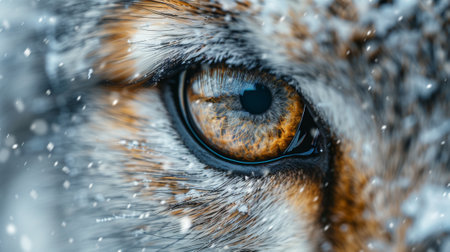 Winter season. The Legendary Winter Creatures. A close-up shot of the winter spirit's eyes, their icy blue depths reflecting the beauty and serenity of the winter landscape.の素材