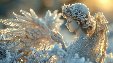 Winter season. The personifying winter phenomena. A mischievous frost sprite personified as a winter artist, its touch transforming ordinary objects into sparkling ice sculpturesの素材