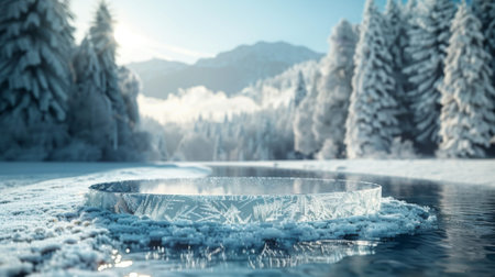 Winter season. crystal clear podium for product display and presentation. pedestal to showcase your product. winter landscape backgroundの素材