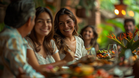 Hispanic Heritage Month. A warm and inviting scene of a Hispanic family gathered around a table for a traditional meal, their faces reflecting the joy of togetherness and shared heritageの素材